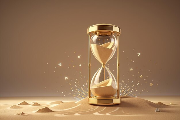 Reloj de arena reloj vintage temporizador con vidrio transparente y partículas de oro Banner del concepto de carga de tiempo de ejecución con reloj de arena y espacio de copia Ilustración de renderización 3D Ilustración 3D