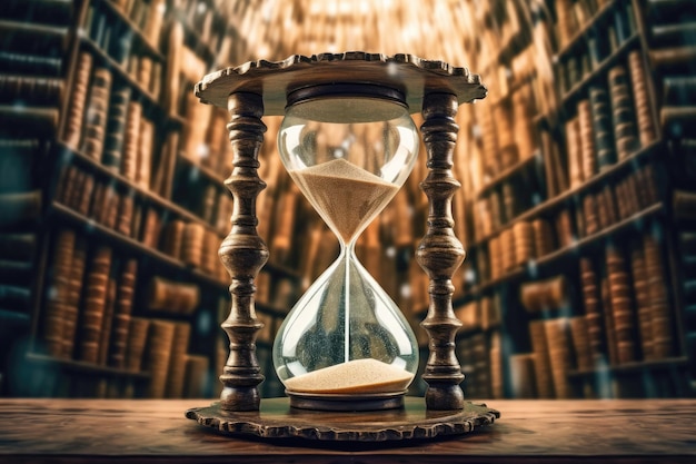 Reloj de arena rodeado de páginas de libros sobre un fondo temático de biblioteca IA generativa