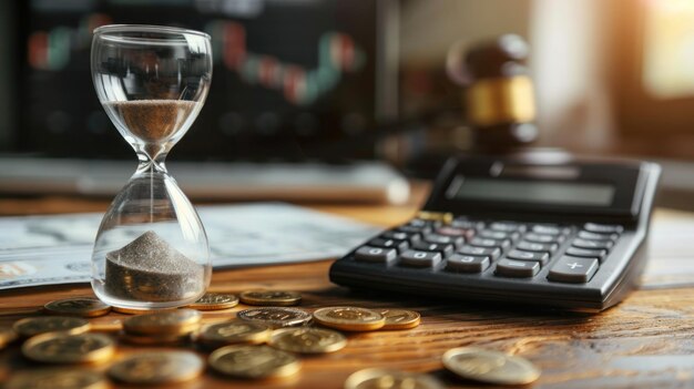 un reloj de arena se sienta en una mesa junto a una calculadora