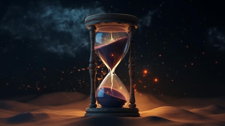 Reloj de arena sobre fondo negro Concepto de gestión del tiempo y ai generador de cuenta regresiva
