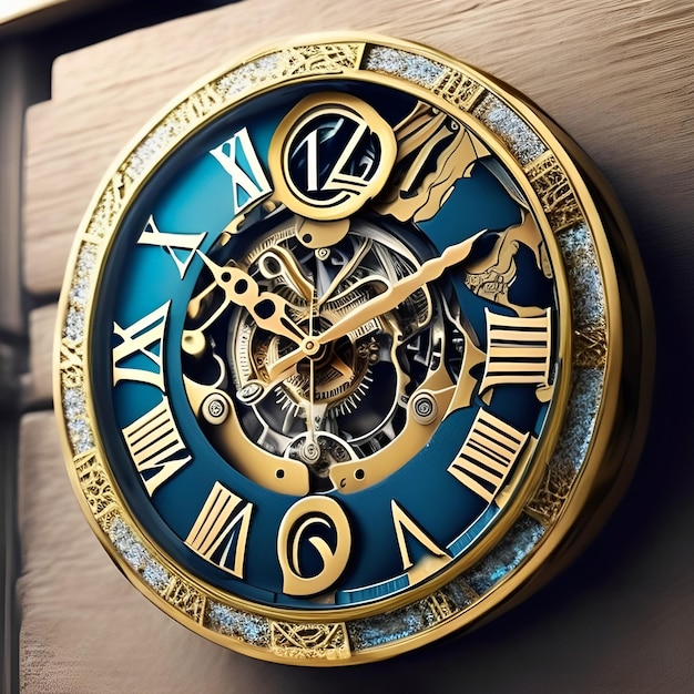 Un reloj azul y dorado con el tiempo de 12 12