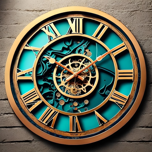 Un reloj azul y dorado con el tiempo como 12 00