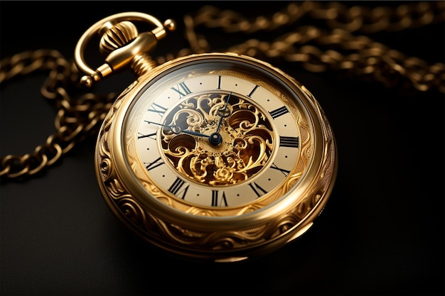 Un reloj de bolsillo de oro con la palabra