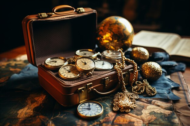 Foto reloj de bolsillo vintage en una maleta antigua homenaje sentimental y memorial para los seres queridos fallecidos