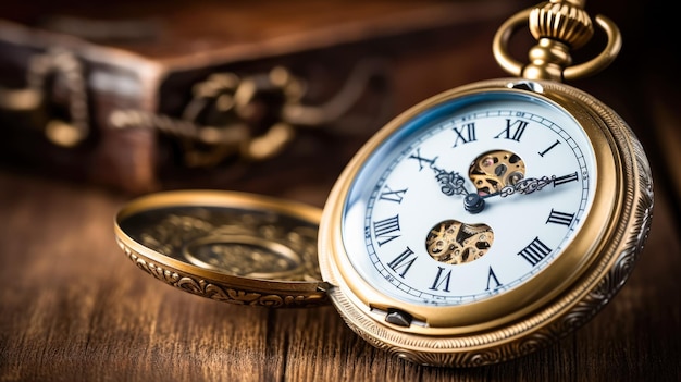 Reloj de bolsillo vintage sobre un fondo de madera El tiempo es dinero