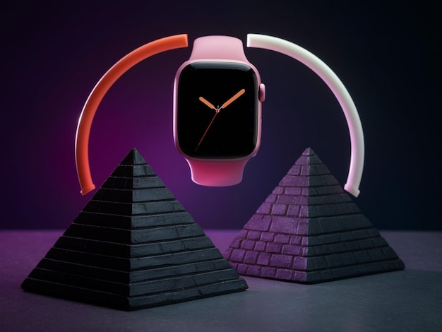 un reloj con un borde rosa y púrpura se muestra con pirámides en el fondo