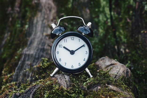 Reloj en el bosque, descanso, pasar tiempo en la naturaleza y el concepto de flujo de tiempo