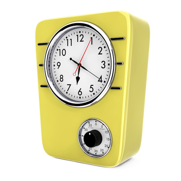 Reloj de cocina de estilo retro con temporizador sobre un fondo blanco. Representación 3D