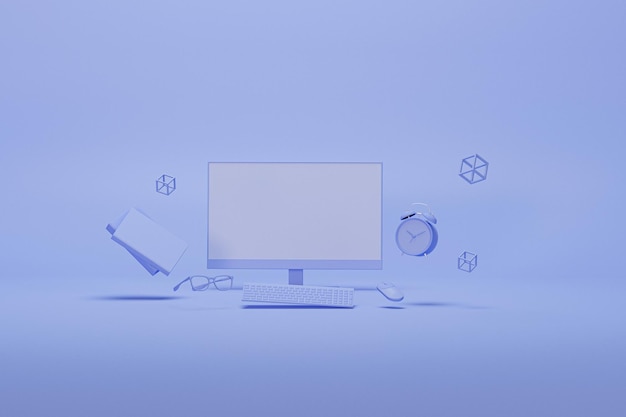 Reloj de computadora y libro flotando en render 3d de fondo púrpura