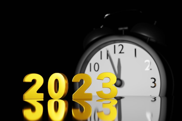 Reloj contando hasta el feliz año nuevo 2023 fondo negro ilustración de representación 3d