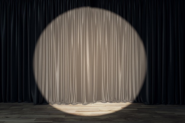 Reloj en cortinas taupe contra un telón de fondo oscuro escenario teatral 3D Rendering
