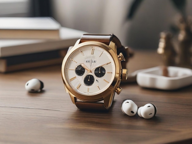 reloj cronógrafo de color dorado cerca de los airPods de Apple