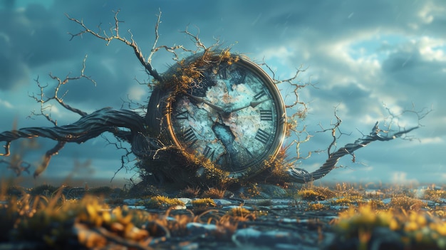 Reloj derritiéndose sobre una rama de árbol en un paisaje surrealista