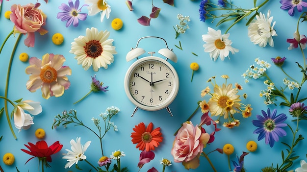 Reloj de despertador blanco clásico centrado entre vibrantes flores frescas de primavera en un fondo azul ideal para invitaciones e imágenes conceptuales de primavera AI