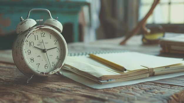 Reloj de despertador blanco con cuaderno y lápiz en una mesa de madera con filtro vintage