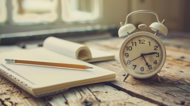 Reloj de despertador blanco con cuaderno y lápiz en una mesa de madera con filtro vintage