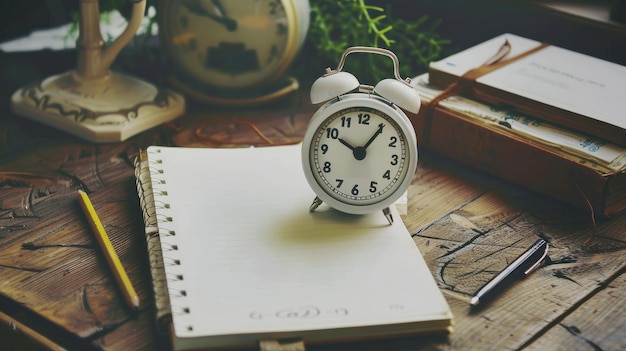 Reloj de despertador blanco con cuaderno y lápiz en una mesa de madera con filtro vintage