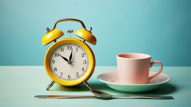 Reloj de despertador clásico con una cara redonda y campanas en la parte superior colocadas en un plato con un fondo azul claro