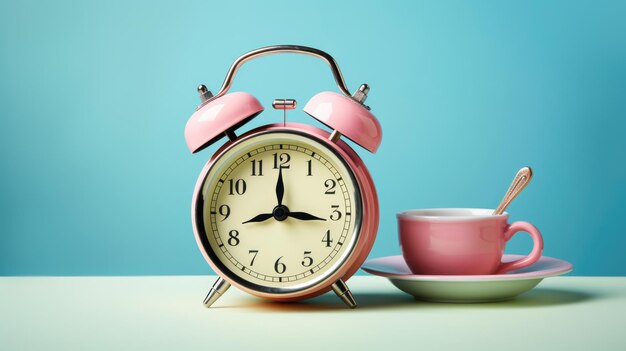 Reloj de despertador clásico con una cara redonda y campanas en la parte superior colocadas en un plato con un fondo azul claro