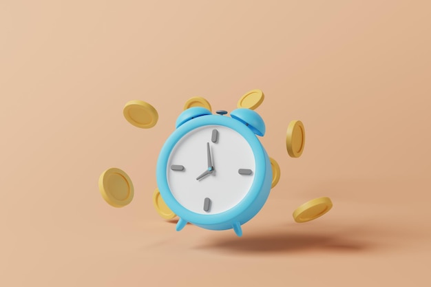 Reloj despertador de dibujos animados con monedas de dinero en el fondo En concepto de tiempo es la representación 3d más valiosa