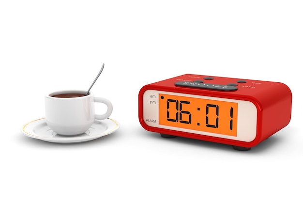 Reloj despertador digital moderno con taza de café sobre un fondo blanco.