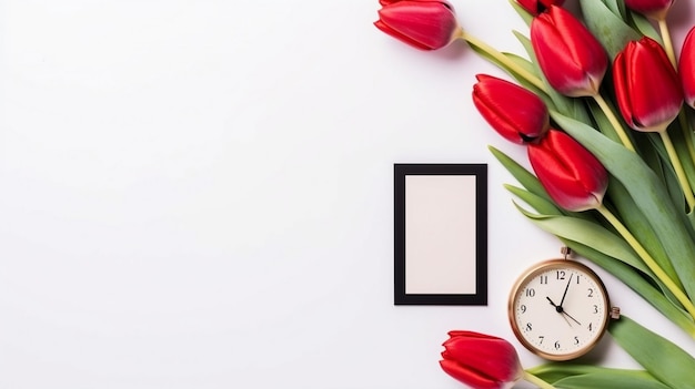 Un reloj de despertador con un fondo de flores, hora de verano y concepto de primavera