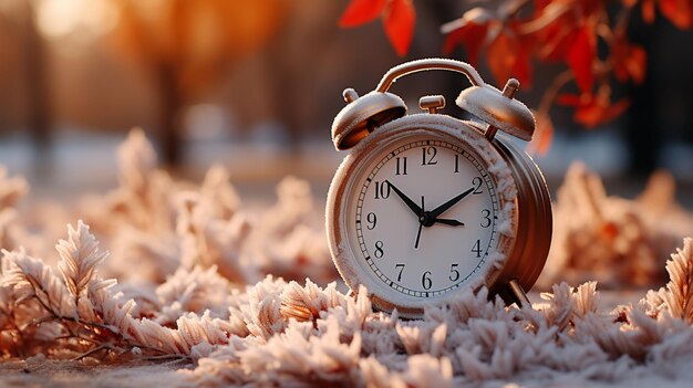 Foto reloj de despertador en hojas de invierno en fondo natural