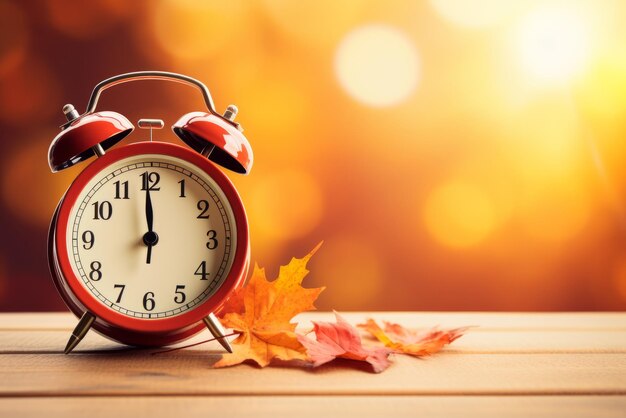 Reloj de despertador y hojas de otoño en fondo bokeh Concepto de tiempo