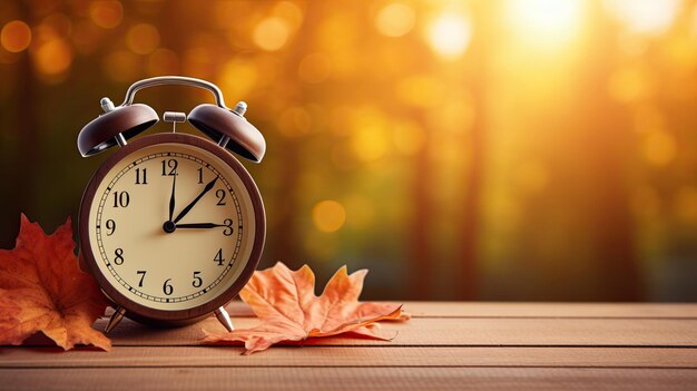 Reloj de despertador y hojas de otoño en una mesa de madera