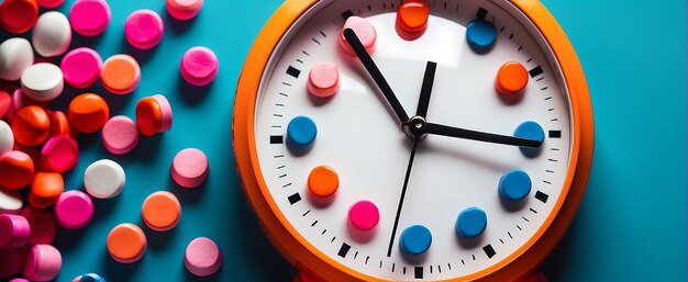 Foto reloj de despertador y pastillas coloridas en fondo azul concepto de atención médica