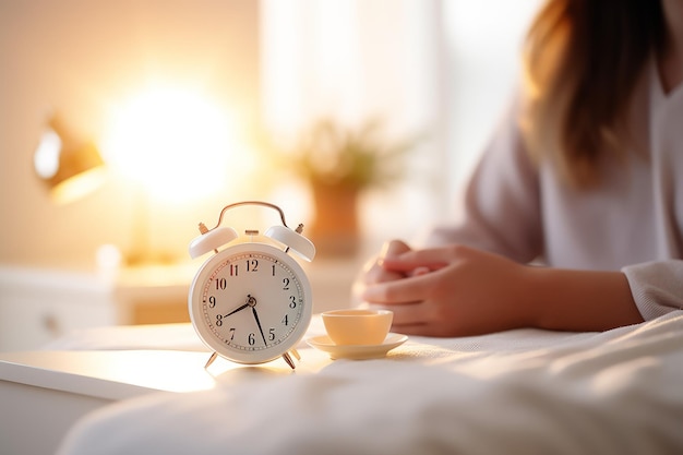 Foto reloj despertador de plástico blanco hora de despertarse por la mañana generar ai