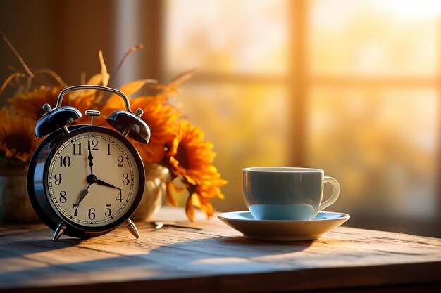 Reloj de despertador y taza de café en la mesa concepto de buen día y hora del café