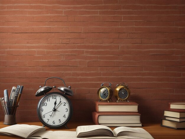 Reloj de despertador vintage con libros viejos y gafas de lectura en la mesa