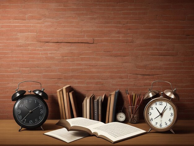 Reloj de despertador vintage con libros viejos y gafas de lectura en la mesa