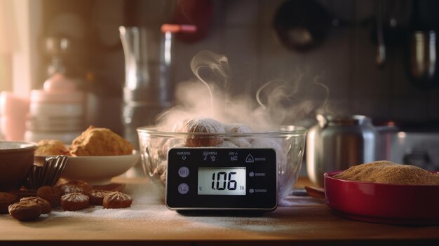 Un reloj digital en una mesa de madera