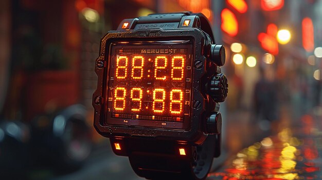 Reloj digital retro con pantalla de tiempo pixelada los números se difuminan en segmentos digitales