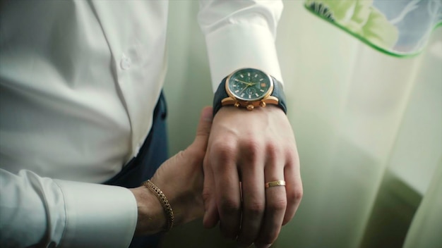 Reloj de diseño de primer plano en la mano de un hombre de negocios clip mano de un hombre de negocios con un reloj