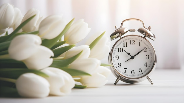 Reloj de escritorio blanco con flor.