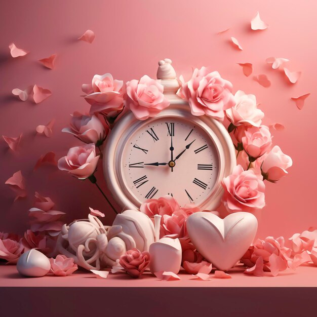 Foto un reloj con flores y corazones