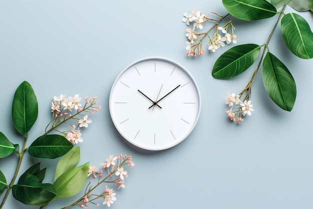 Reloj en fondo claro entre hojas y flores verdes Reloj de pared hora de la mañana Concepto de fondo minimalista de tiempo tiempo para trabajar Fecha límite cuenta atrás primavera Interior de casa ecológica verde