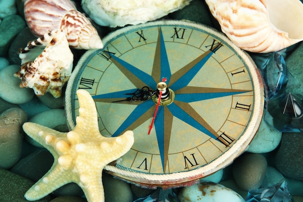 Reloj en el fondo del mar con conchas y piedras.