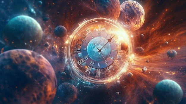 Un reloj en una galaxia con la hora a las 12:30.