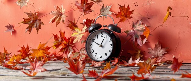 Foto reloj y hojas en una mesa de madera concepto de horario de verano