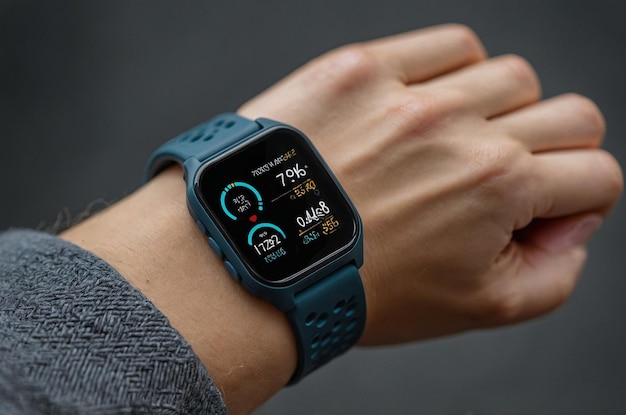 un reloj inteligente con un dial azul y una banda negra que dice que es el 1999