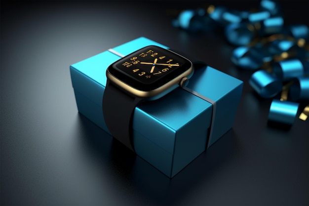 reloj inteligente moderno negro con correa en caja de regalo azul abierta con renderizado 3d de cinta dorada