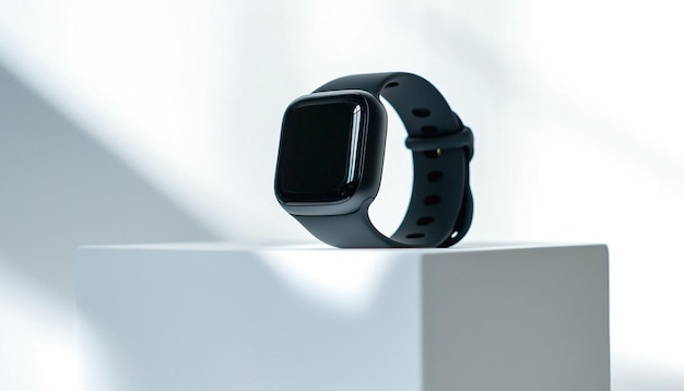 Reloj inteligente moderno con podio sobre un fondo blanco