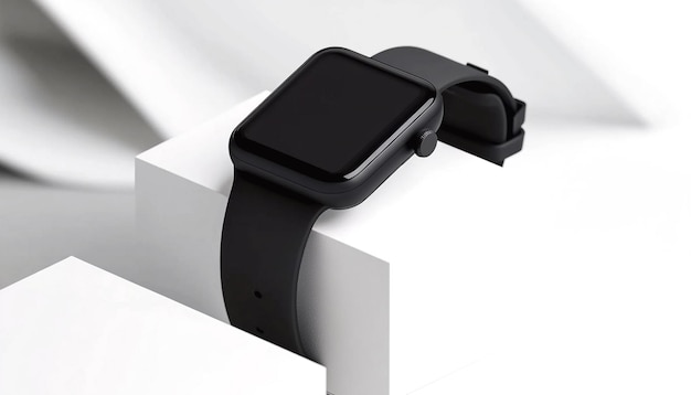 Reloj inteligente moderno con podio sobre un fondo blanco