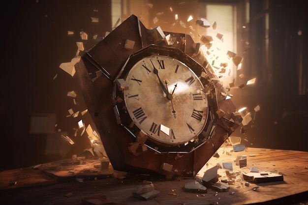 un reloj en mal estado descansando en una mesa hecha de madera