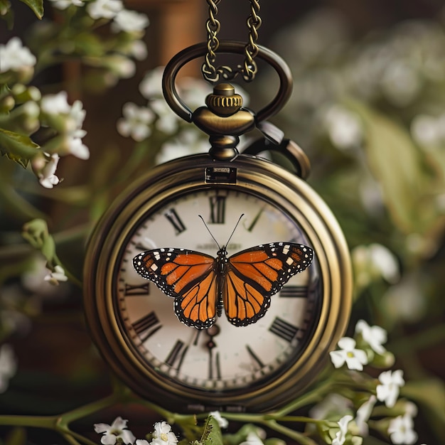 Reloj con mariposa de cerca