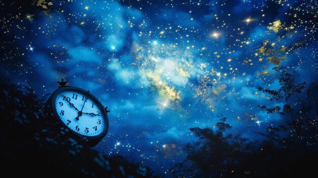 Un reloj a medianoche con estrellas alineadas por encima que representan la transición y el comienzo de un nuevo día